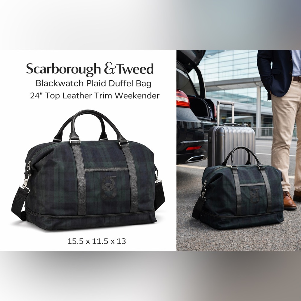 Scarborough & Tweed Blackwatch Plaid Duffel Bag Leather Trim USA